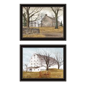 Trendy Decor 4U 2- Piece Vignette Stone Cottage Farmhouse & White Wooden Barn with Hay Rake Black Framed Wall Art for Living Room