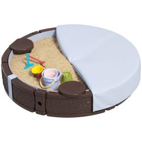 47 Round Kids Sandbox With Cover, 3 Seats, Waterproof Bottom Liner, For Backyard, Lawn, Garden, Beach, Patio, Brown (Color: Brown)