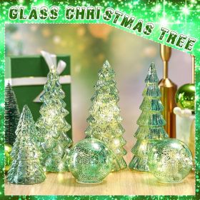 6 Pcs Mercury Glass Christmas Tree for Tabletop Light up Figurine Christmas Tree Mercury Cracked Glass Globe with Light for Xmas Decor Home Party (Color: Sage Green)